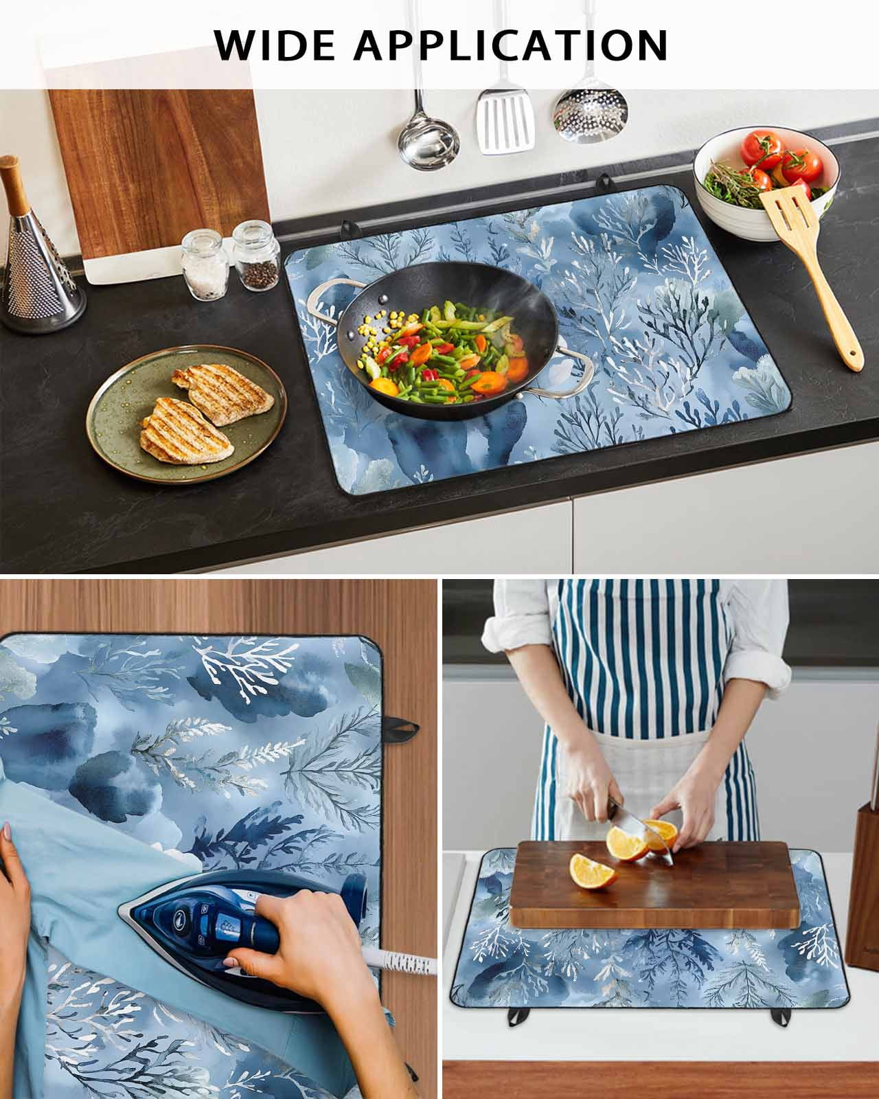 nqOlkjepod Large Induction Cooktop Protector Mat 36"x21", Blue Botanical Art Stove Top Covers for Electric Stove, Pastoral Watercolor Leaf Modern Stove Burner Cover Mats, Glass Top Stove Cover