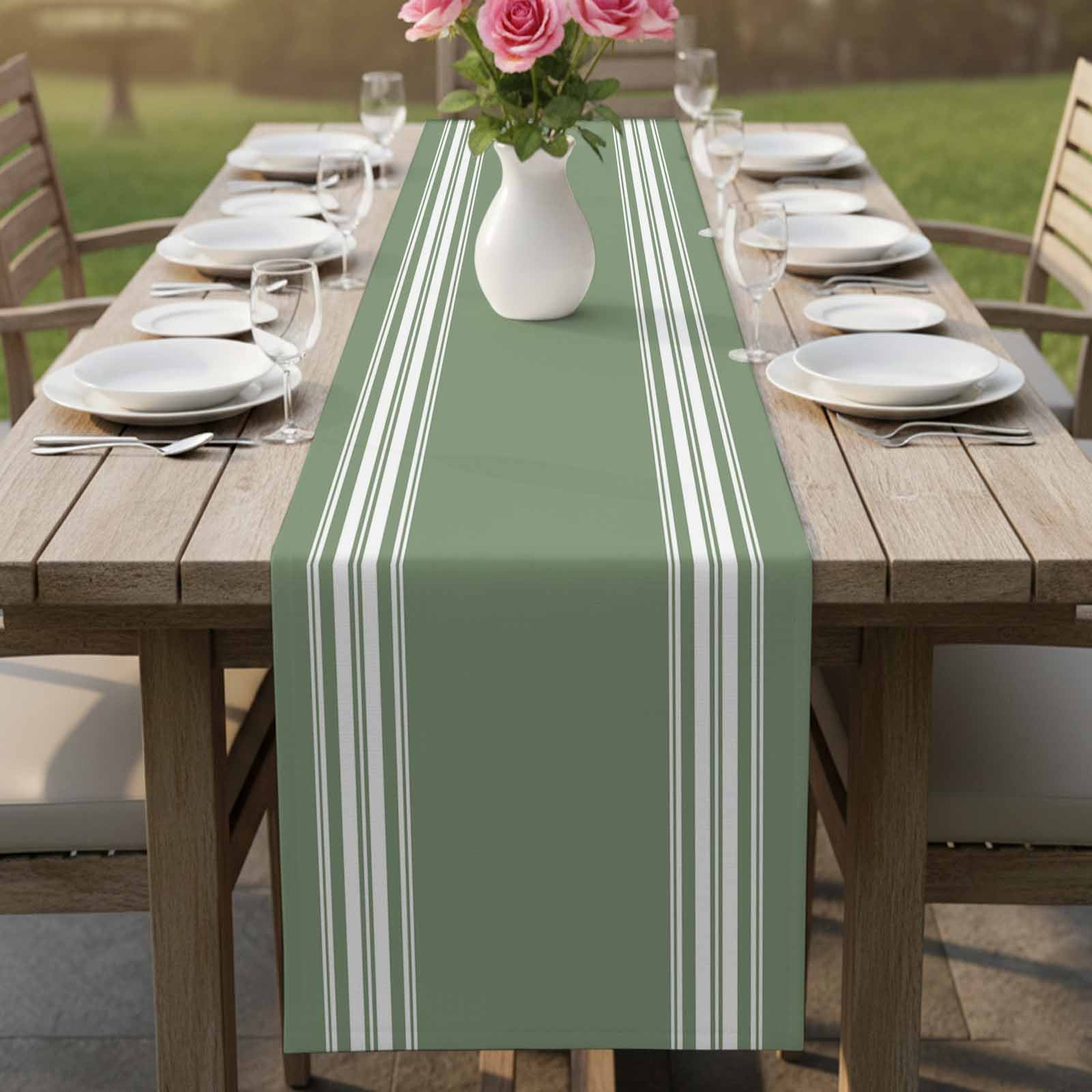 Dark Sage Green Table Runner, Farmhouse Sage Green White Striped Washable Cotton Linen Table Runners 60 Inches Long, Dresser Scarf Runner for Coffee/TV Stands/Kitchen/Cabinets 13''x60''