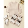 thumbnail image 3 of Kids Girls Skirt Set, Long Sleeve Crew Neck Sweater with Rhombus Skirt 2-piece Outfit Clothes, 3 of 10