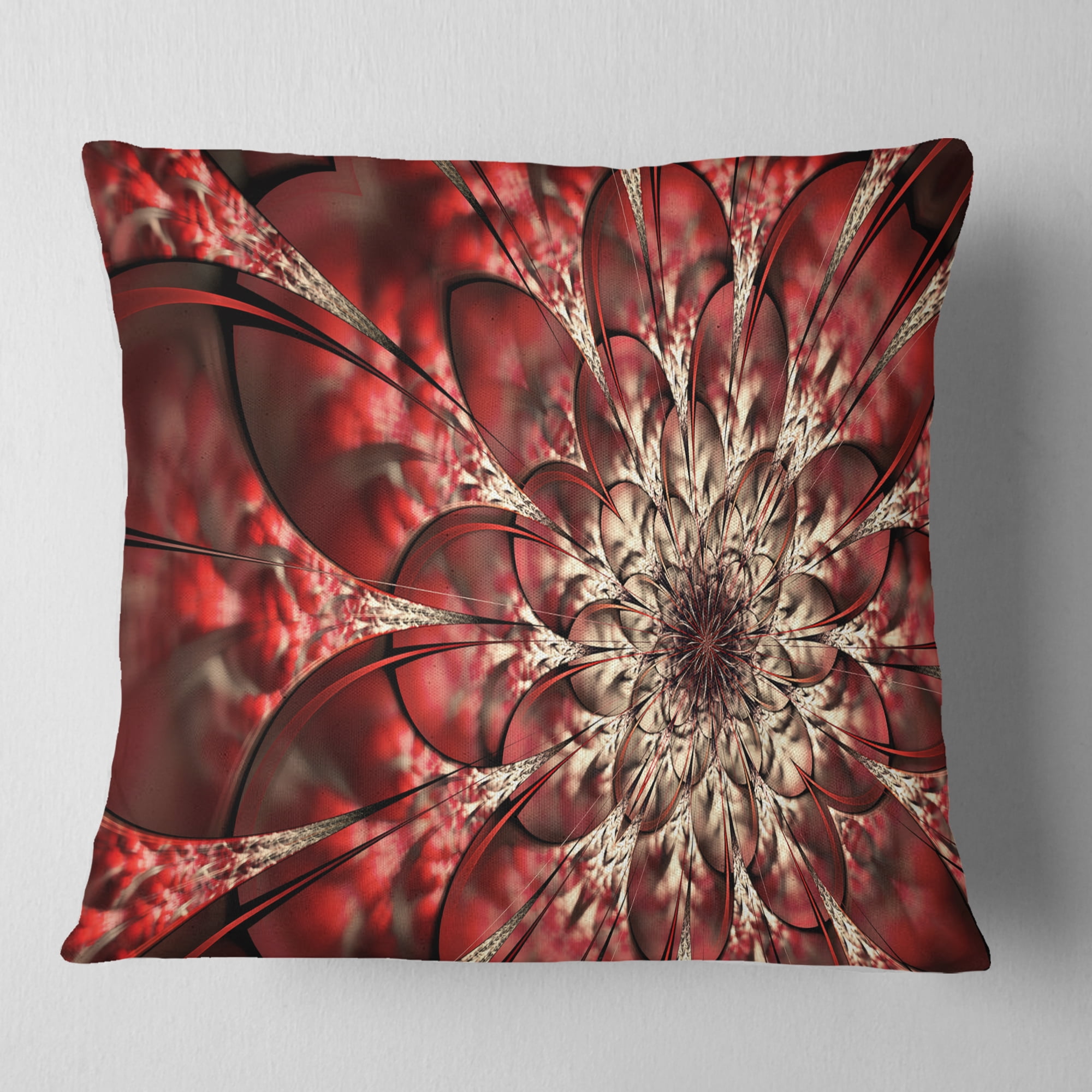 Designart Red Symmetrical Flowers Pattern - Floral Throw Pillow - 18x18