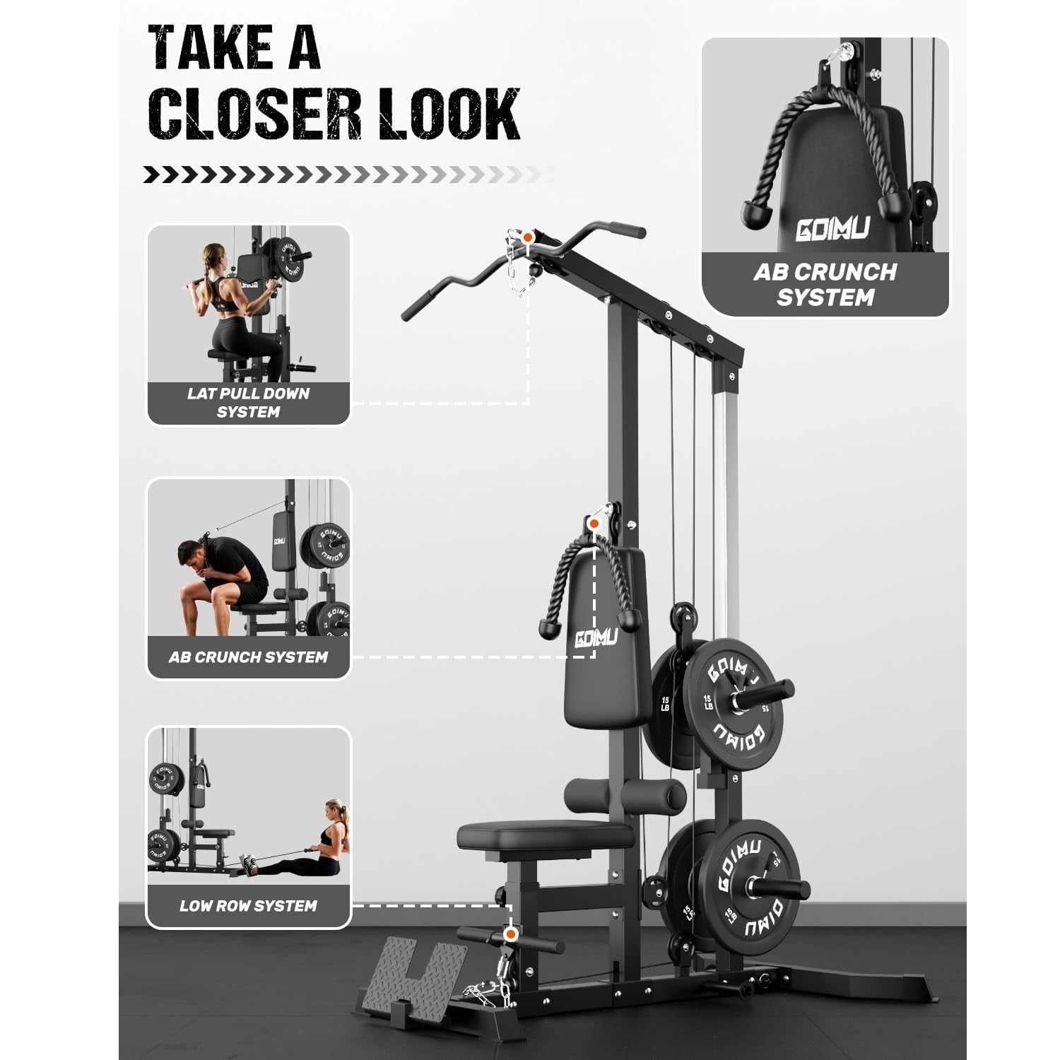 MITONOS 3 in 1 LAT Pulldown Machine,LAT Row Cable Machine with AB Crunch and Cable Row Attachments for Home Gym,High or Low Pulley Stations with Weight Plates (Black)