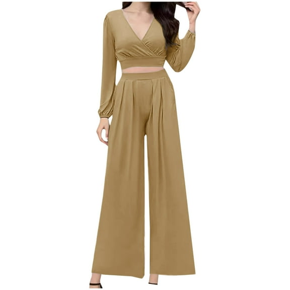 ZyeKqe Lounge Sets for Women 2 Piece Dressy Casual Outfits Long Sleeve Crop Tops High Wsidted Wide Leg Pant