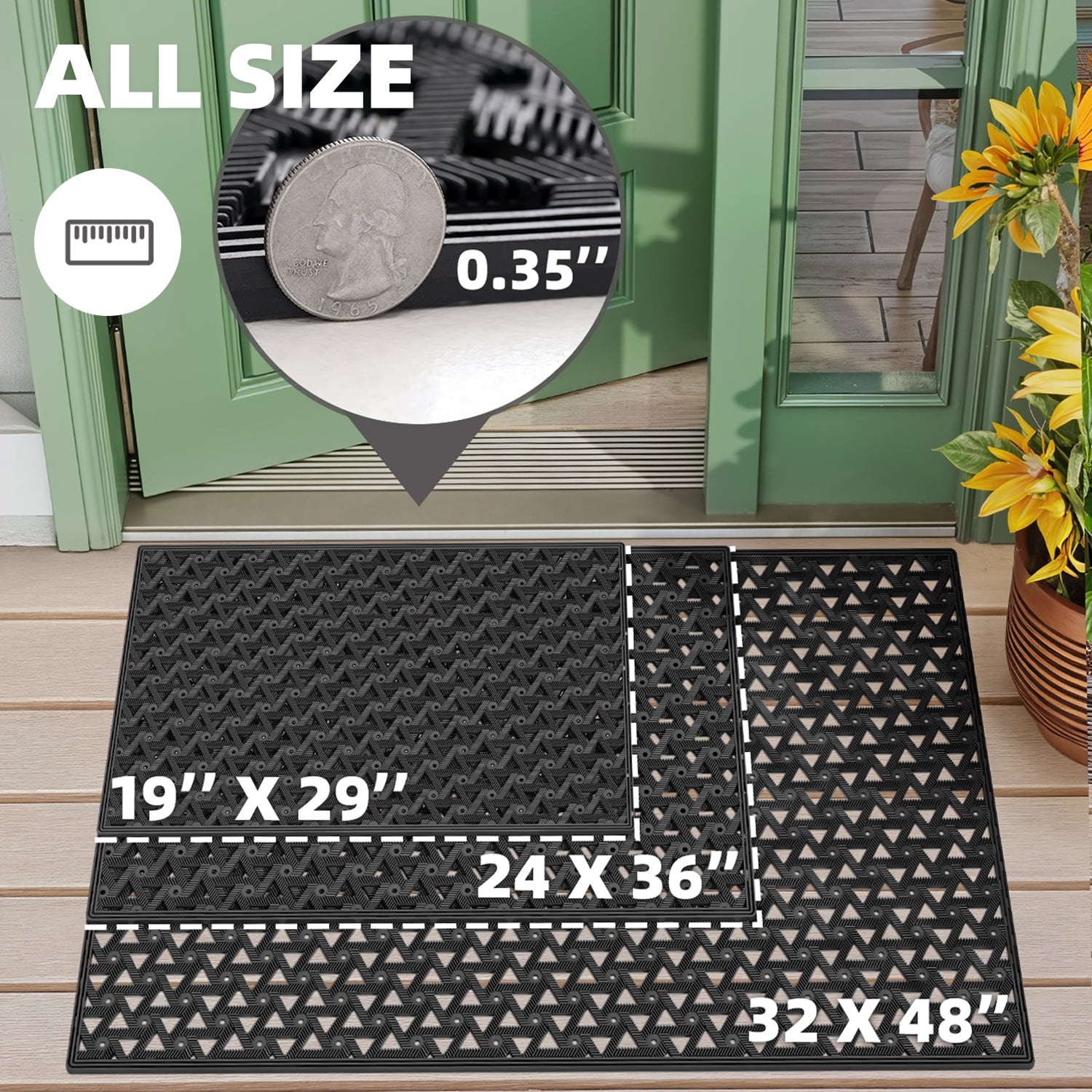 PABUBE Outdoor Doormat , Waterproof and Heavy Duty Doormat for Outside, Low Pile Dirt Trapper Rubber Outdoor Mat and Non-Slip Welcome Mat for Front Doors, 19" x 29", Black