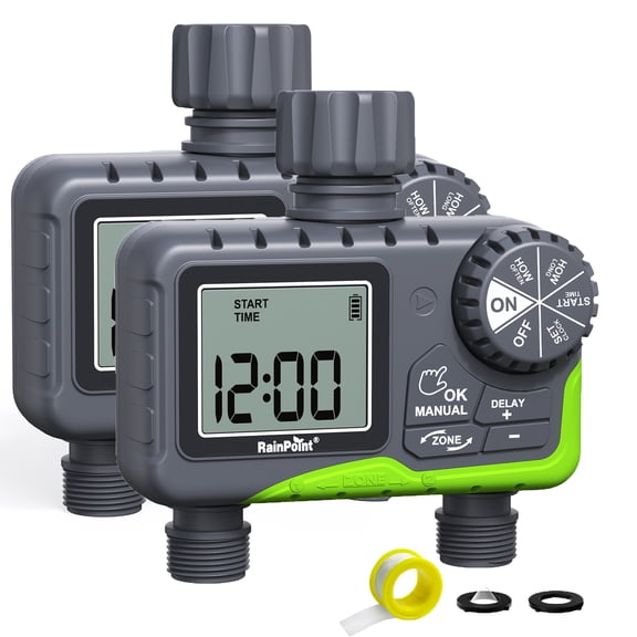 RainPoint 2PCS Garden Hose Timer 2 Outlet Greenhouse Irrigation Faucet Sprinkler Water Timer Garden Yard Watering, ITV205 Two-piece Pack