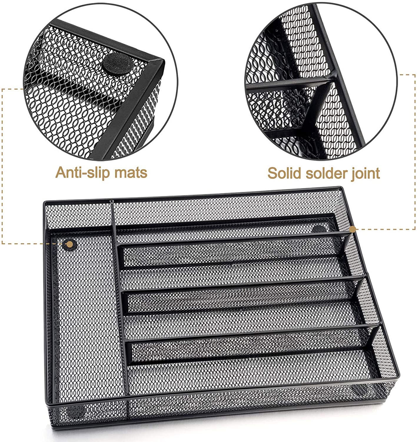 Kitchen drawer organizer, stainless steel utensil separator, with anti-slip foam feet stainless steel knife storage tray, 5 compartments, 12.5 x 9.2 inches, black