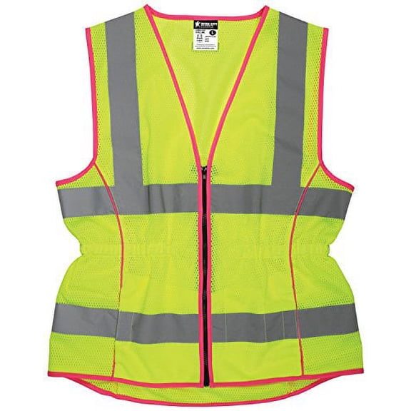 MCR Safety LVCL2MLS Ladies Sized Class 2 Lightweight Safety Vest, Silver Reflective Stripe, Zipper Front, Lime, Small