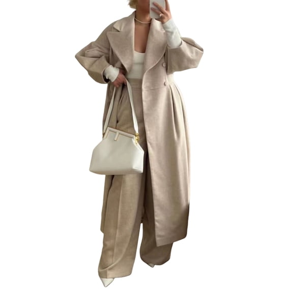 Women'S Retro Palace Style Wool Blend Coat Long Trench Coat with Lantern Sleeves Large Lapel Khaki L