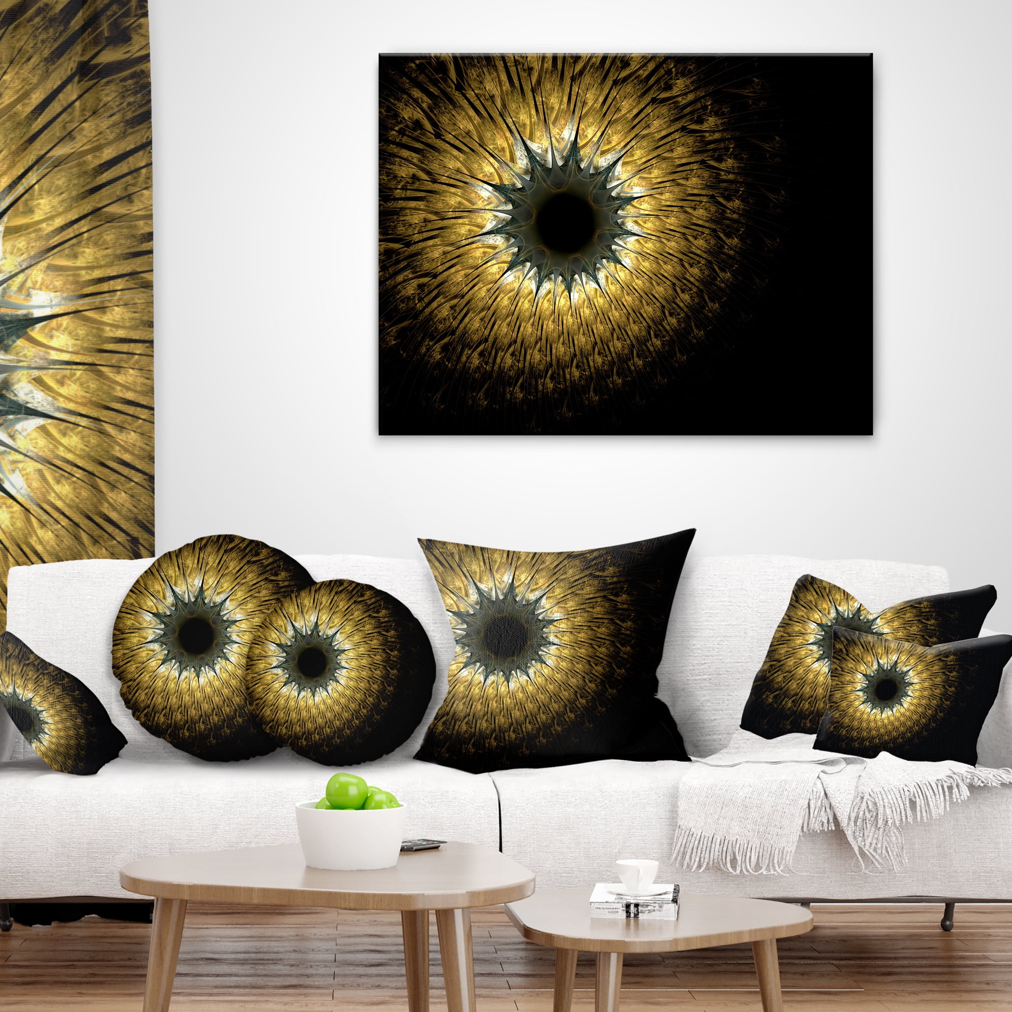 Designart Symmetrical Gold Digital Fractal Flower - Floral Throw Pillow - 16x16
