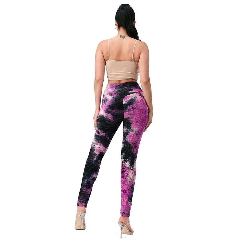 Purple Tie Dye Textured Leggings High Waisted Yoga Pants 