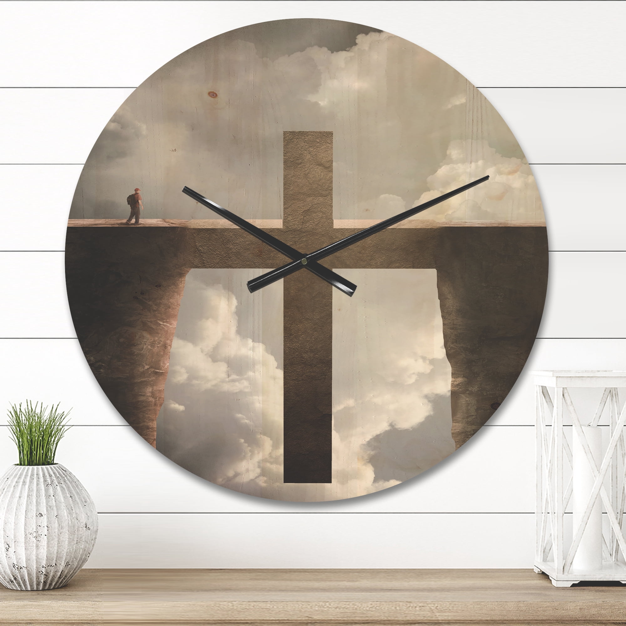 Designart 'Man and Big Cross between Two Cliffs ' Modern Wood Wall Clock