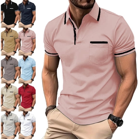 Men Polo Shirts Short Sleeve with Pocket Golf Polo Wicking Shirts for Men Casual Collared T-Shirts Pink 3XL
