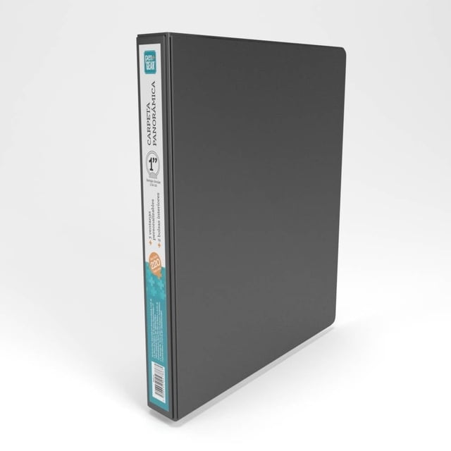 Carpeta Pen + Gear con Ventana 1 pulgada Color Negro 1 pieza, carpeta panorámica negra con 3 argollas metálicas de 1 pulgada, elaborada en plástico resistente, con 3 ventanas personalizables y 2 bolsillos interiores para organizar documentos en oficina, escuela y hogar, también adecuada para archivar proyectos personales.