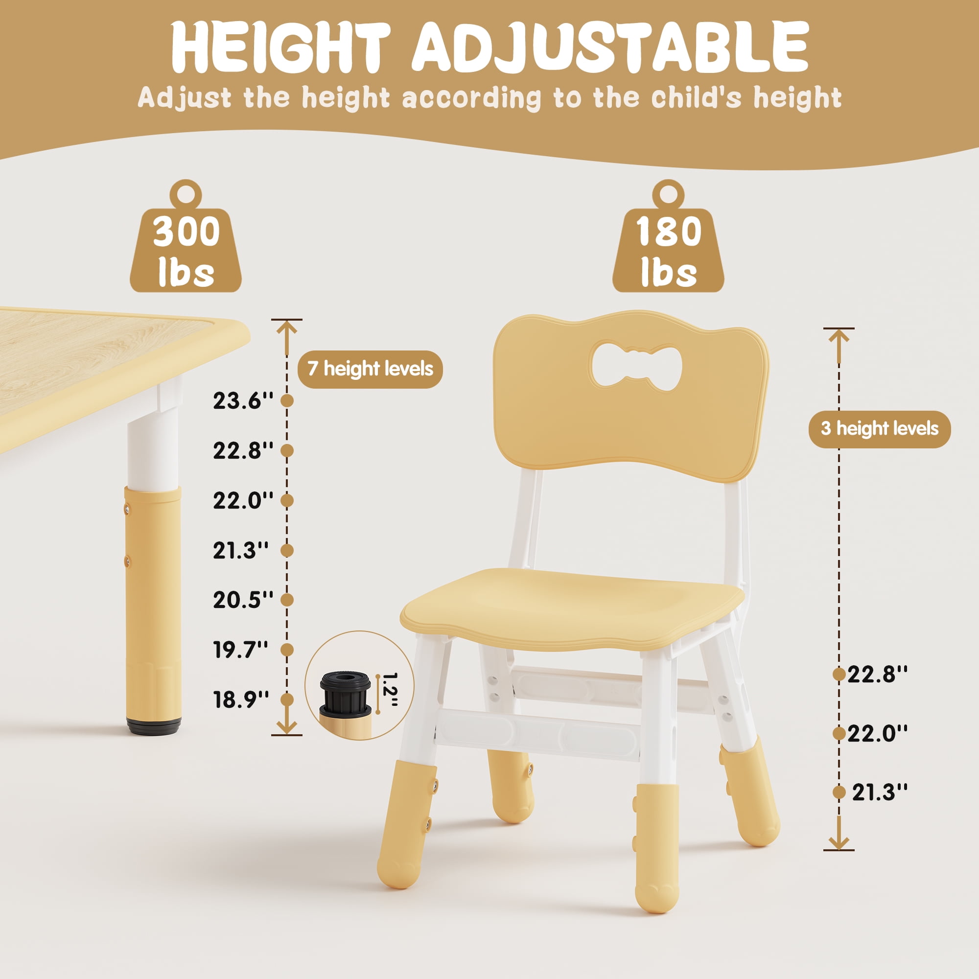 MAVINEX Kids Table and 6 Chairs Set, Height Adjustable, Beige Wood Finish, Toddler Play Table Ages 2-10