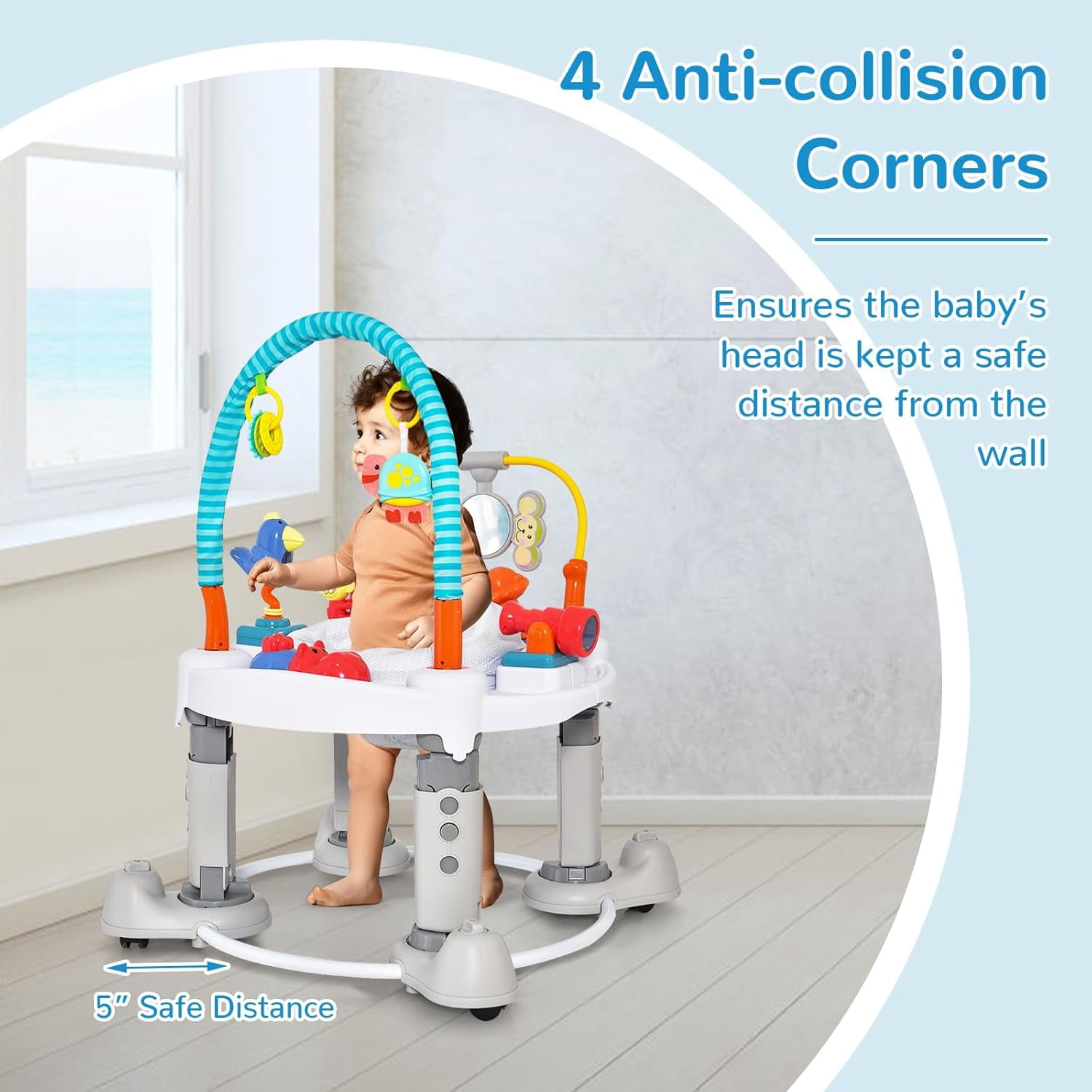 INFANS 5 in 1 Baby Activity Center with 8 Toys, Play Mat, 360°Rotating Seat, Foldable Infant Learning Table with 3 Adjustable Height for 0-24 Months