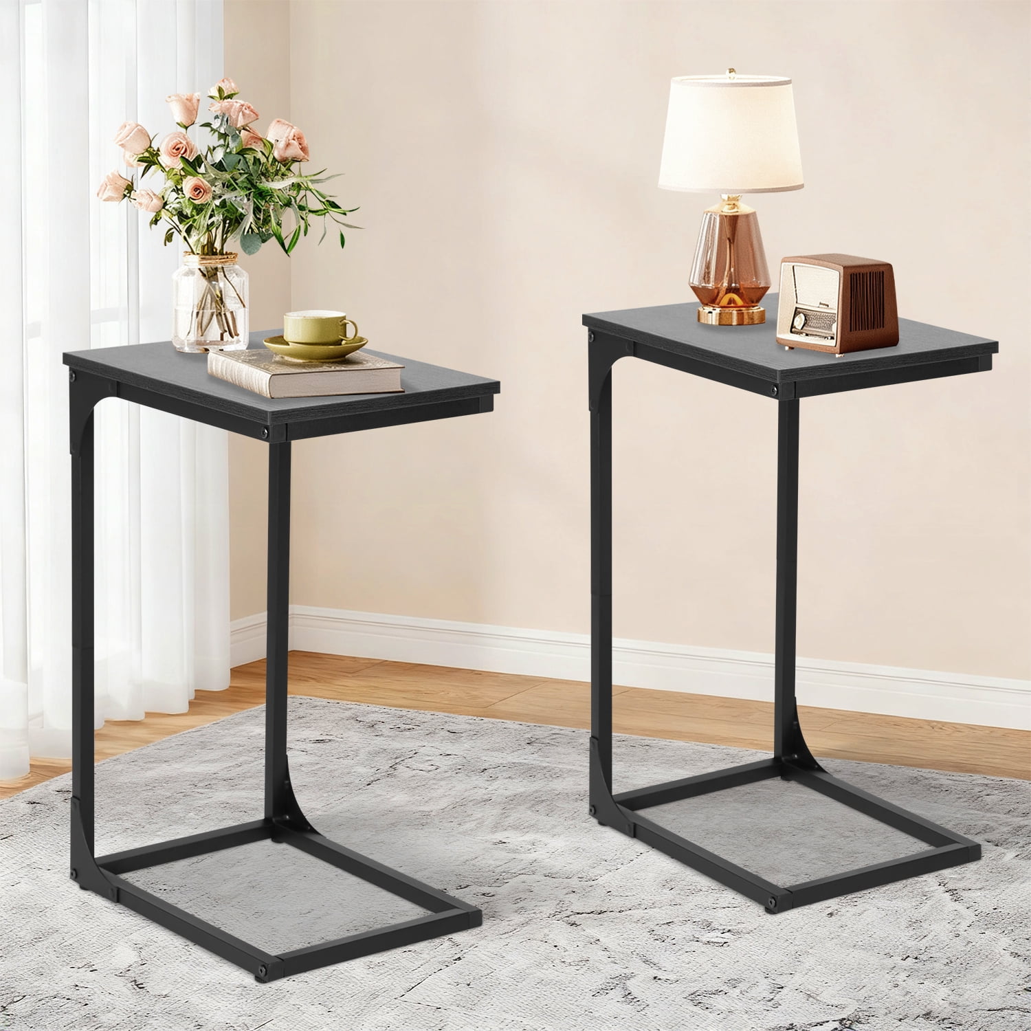 NiamVelo C-Shaped End Table Set of 2 , Small Side Table for Couch, Sofa Table with Metal Frame for Living Room, Bedroom, Bedside （Black）