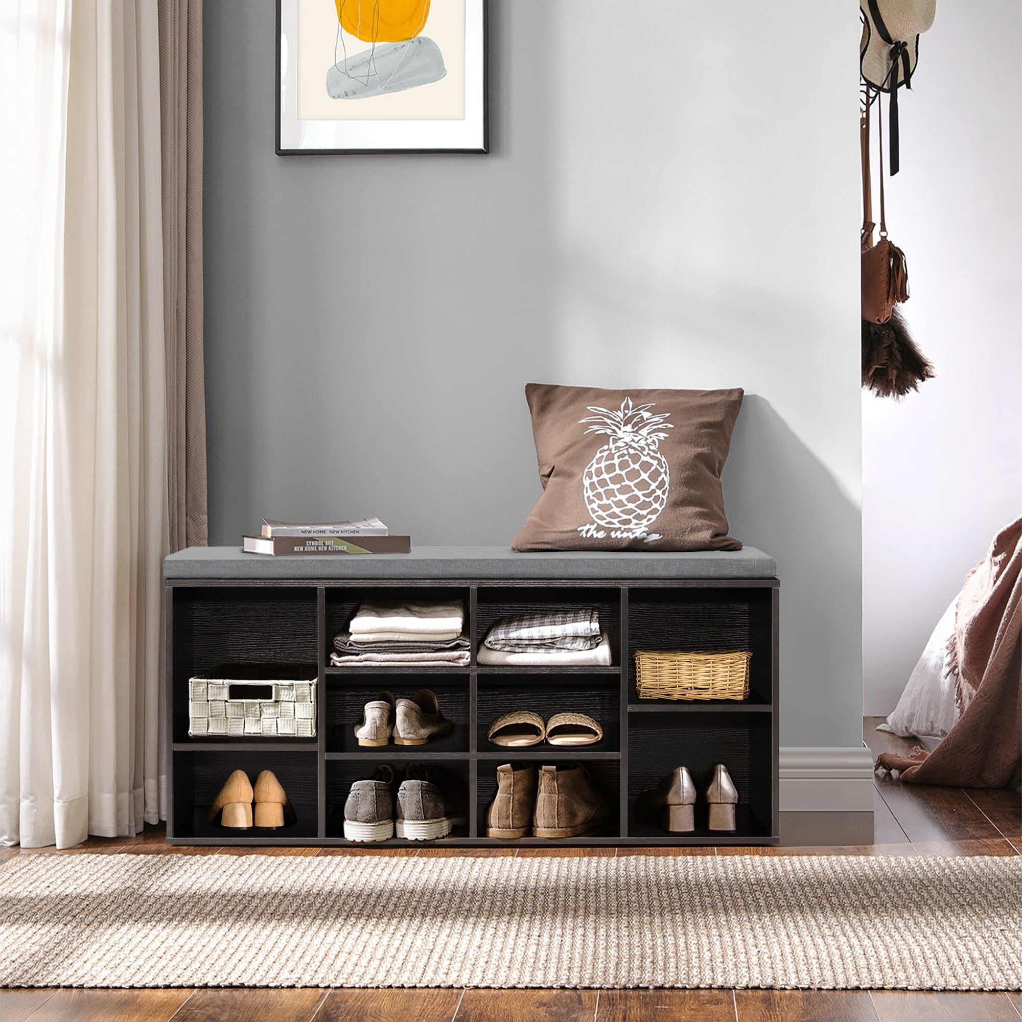 Shoe Bench Storage Bench 10 Compartments Shoe Organizer with 3-Tier Shoe Rack Bench Adjustable Shelves Shoe Shelf for Living Room Entryway Hallway Bedroom