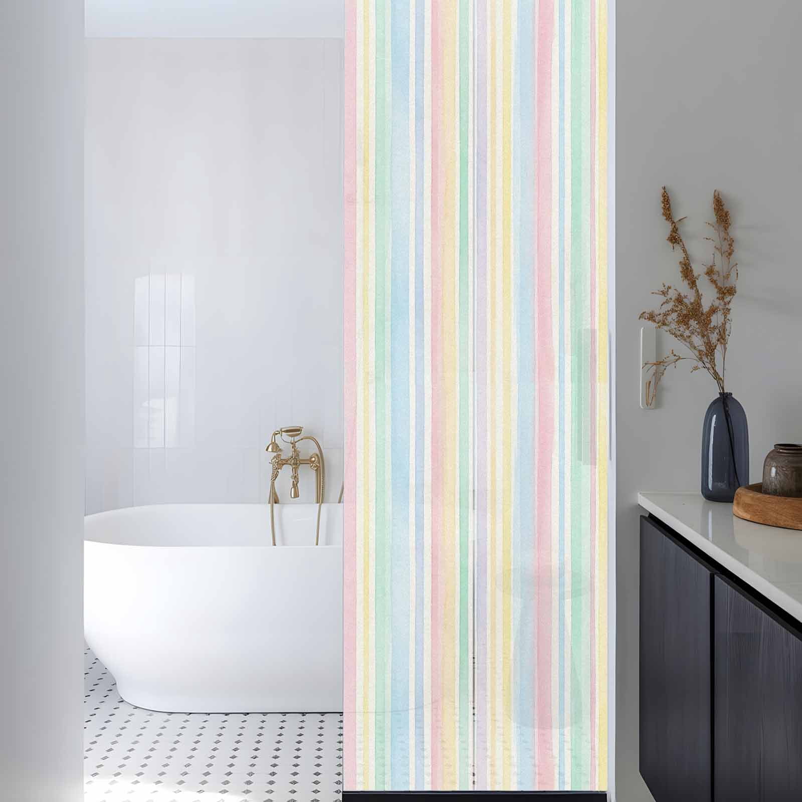 Colorful Stripes Window Privacy Film, Watercolor Rainbow Farmhouse Frosted Glass Window Clings Static Cling UV Heat Blocking Reusable Door Sticker for Bathroom 29.5 x 118 Inch