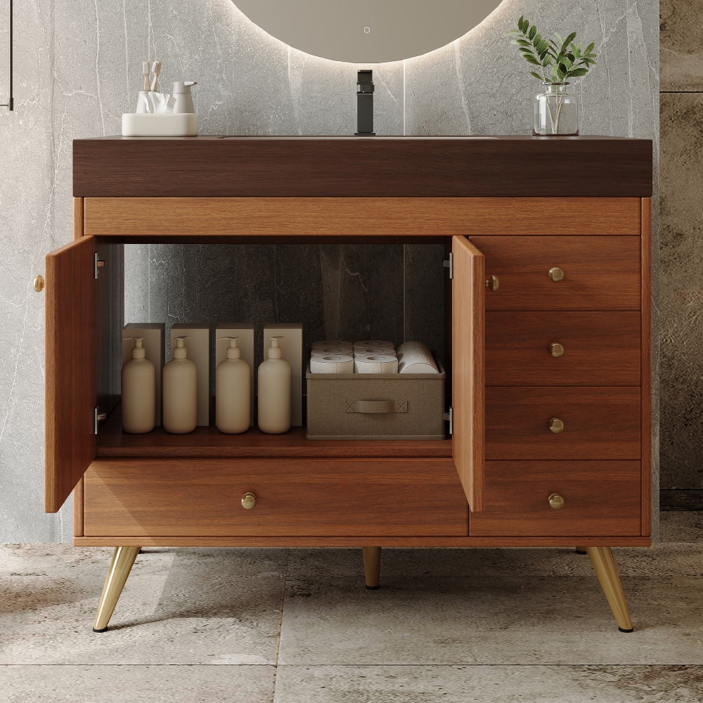 FFZ 36" Freestanding Bathroom Vanity with Faux Marble Top, Ceramic Sink, 5 Drawers & Stainless Steel Legs,4 Colors for Bathromm and Living Room