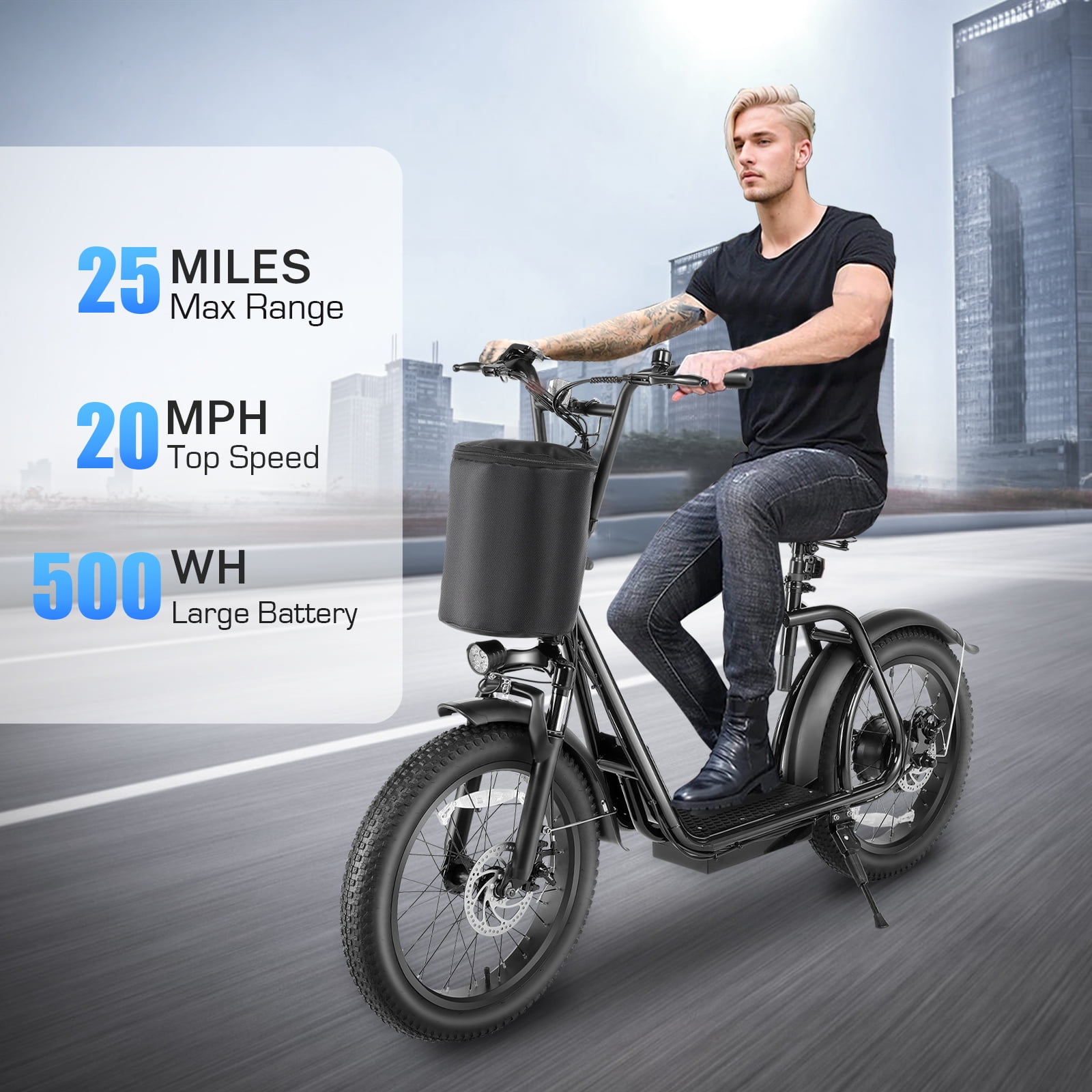 HOTEEL Electric Scooter for Adult, 30Miles Range&20Mph Power by 20"Off-Road Tire&Height Adjustable Seat, Foldable Scooter E Bike for Mountains, Snow, Road, Black