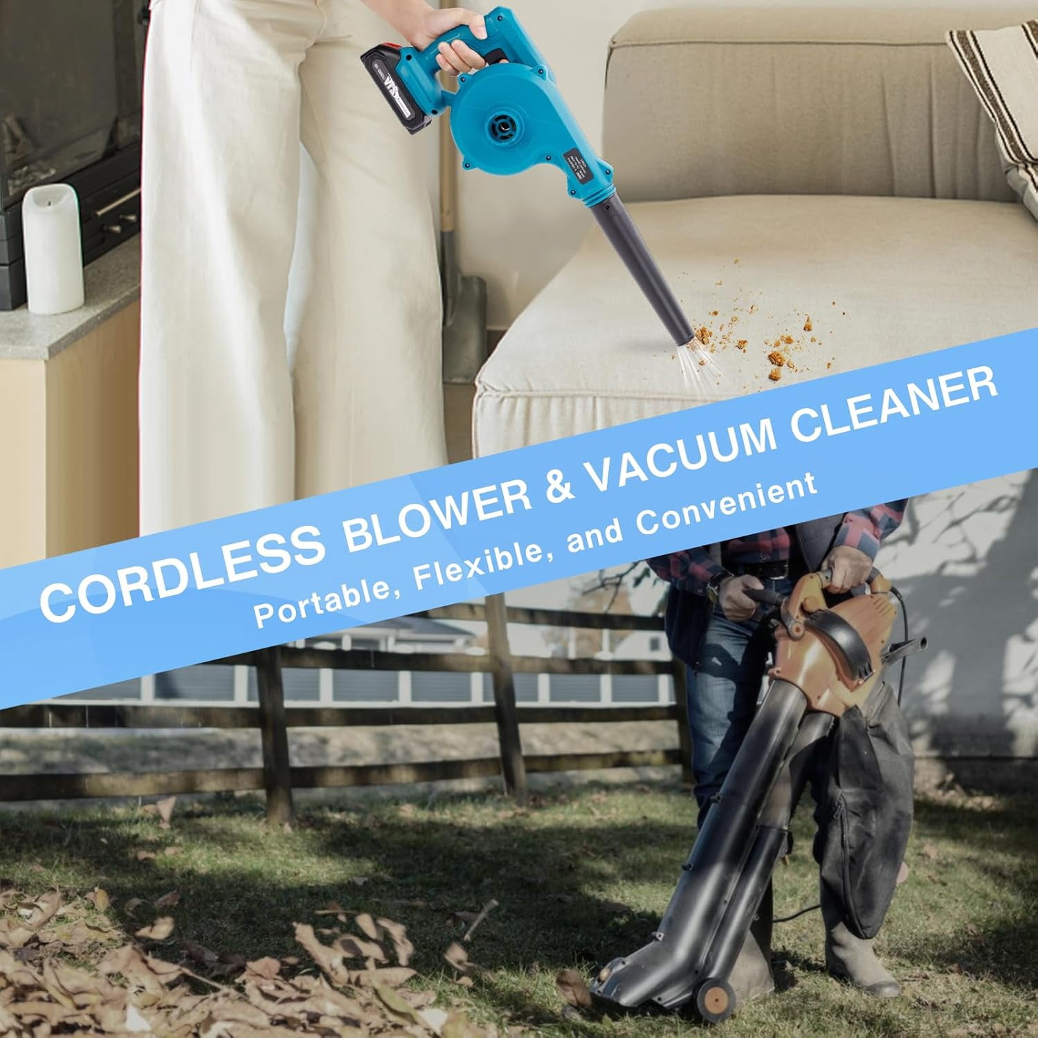 2-in-1 Leaf Blower Cordless & Handheld Vacuum Cleaner Battery Powered - Come with 21V 2 Batteries and Charger - Stepless Speed Control for Lawn Care, Dust Snow Blowing