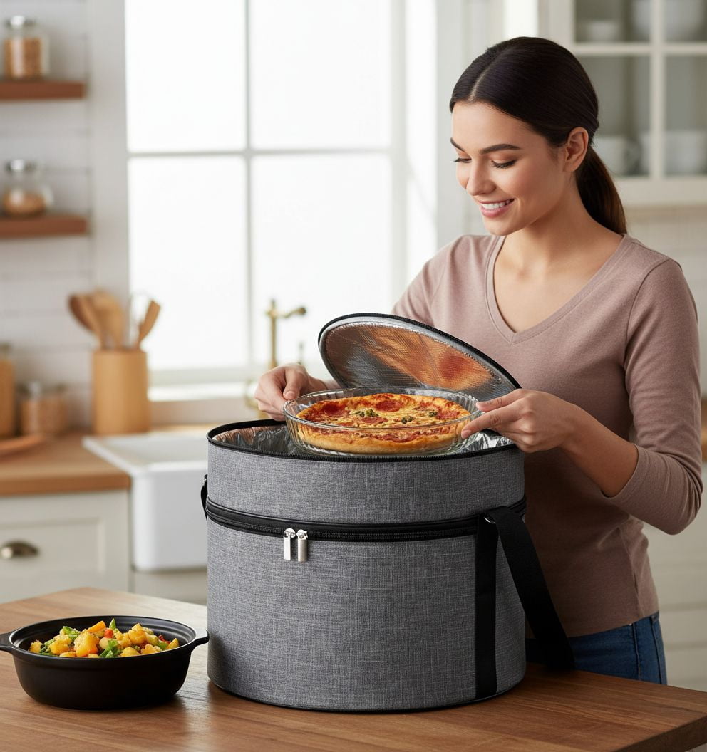 2 Tiers Grey Insulated Casserole Carrier, Round Pie Carrier with Metal Support, Dish Carrier for Hot or Cold Food, Transport Pie Holders Pie Carrying Case