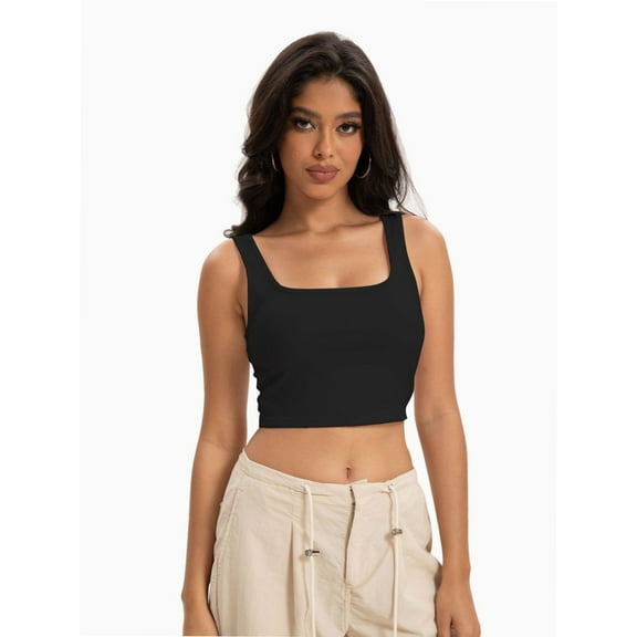 Women's Square Neck Sleeveless Crop Tops Cute Double Layer Seamless Slim Fit Tank Tops