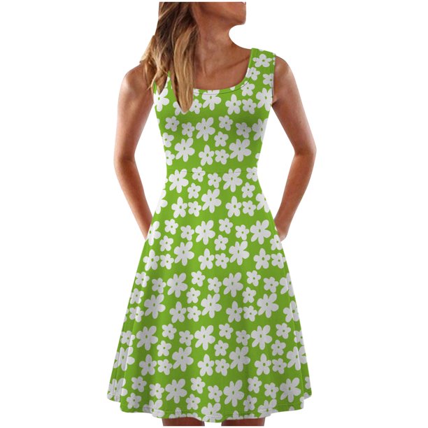 Vestido informal de verano para mujer, sin mangas, hasta la rodilla, plisado, para el sol, con estampado floral de arcoíris degradado teñido anudado Pompotops ghjkhdj10655
