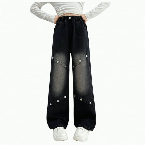 TOWED22 Girl’s Elastic Waist Jeans Straight Leg Demin Pants Casual Stretch Long Pants with Pockets(Black,5-6 Y)