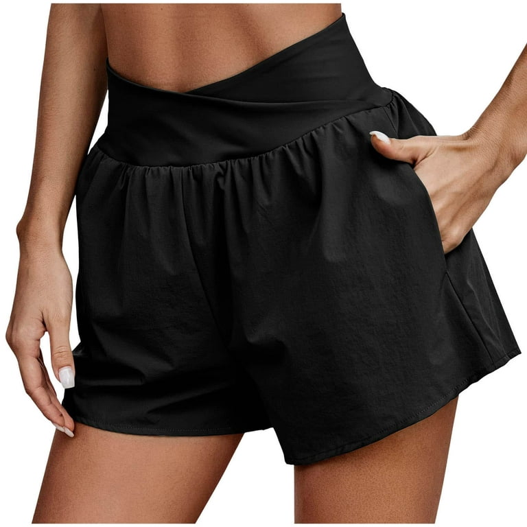 Efsteb Running Shorts for Women Comfy Solid Color Workout Shorts Elastic  Quick-drying Fitness Running Casual Pant Trendy Gym Yoga Shorts with Pocket  Black L 