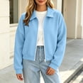 thumbnail image 6 of Ovzne Women's Zip Up Cropped Cardigan Lapel Collar Long Sleeve Jacket Drop Shoulder Ribbed Hem Casual Coat,Light Blue Jackets for Women, 6 of 8