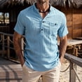 thumbnail image 2 of VSSSJ Men's Henley Shirt Casual Short Sleeve Button Up Textured Shirts Banded Collar Solid Summer Beach Shirts Tops with Pocket Sky Blue S, 2 of 7