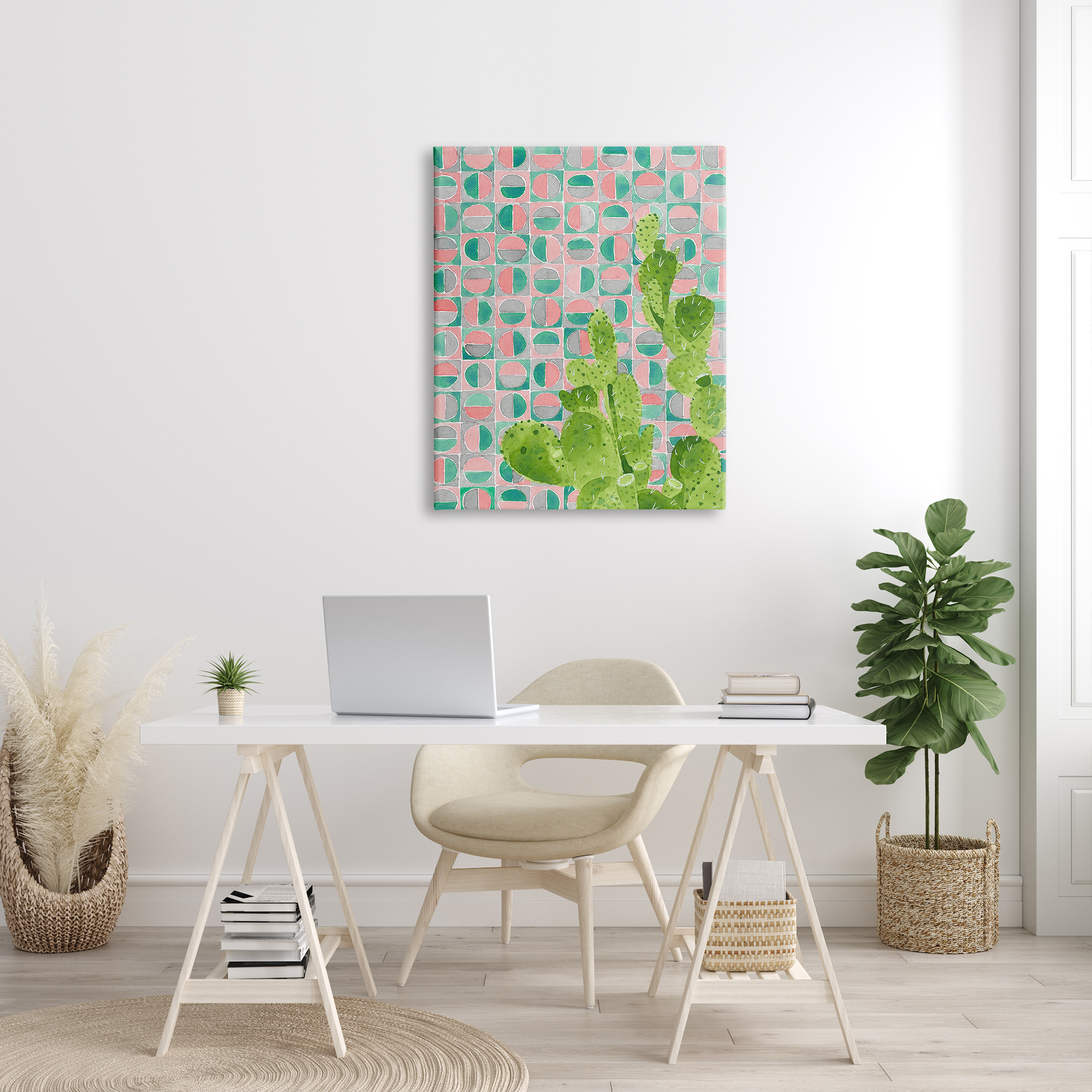 Stupell Industries Prickly Pear Desert Cactus over Geometric Pink Pattern Botanical & Floral Painting Gallery Wrapped Canvas Print Wall Art, 30 x 40