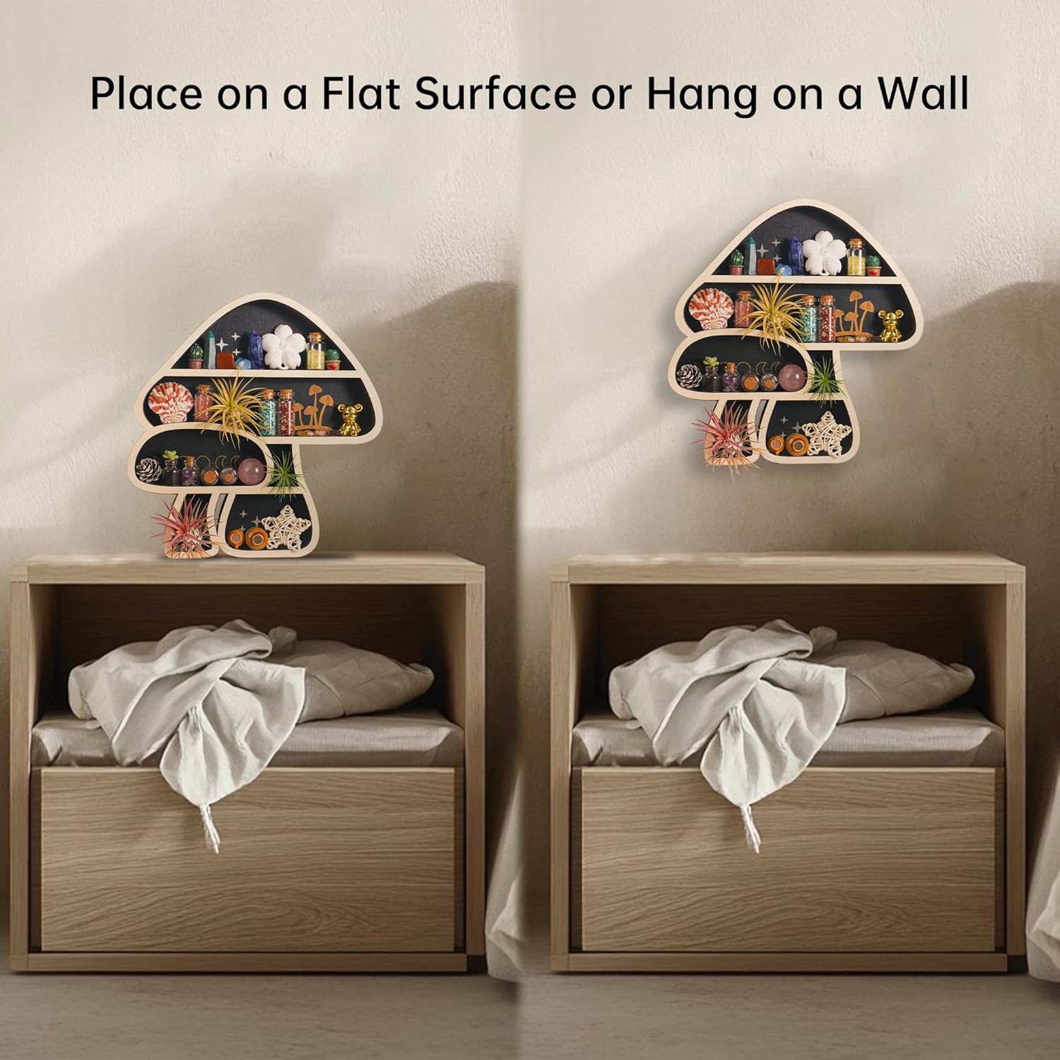 Cute Mushroom Decor, Wooden Floating Mushroom Shelf for Wall, Display Shelf Rock Gem Stone Display Shelf Wall Mounted