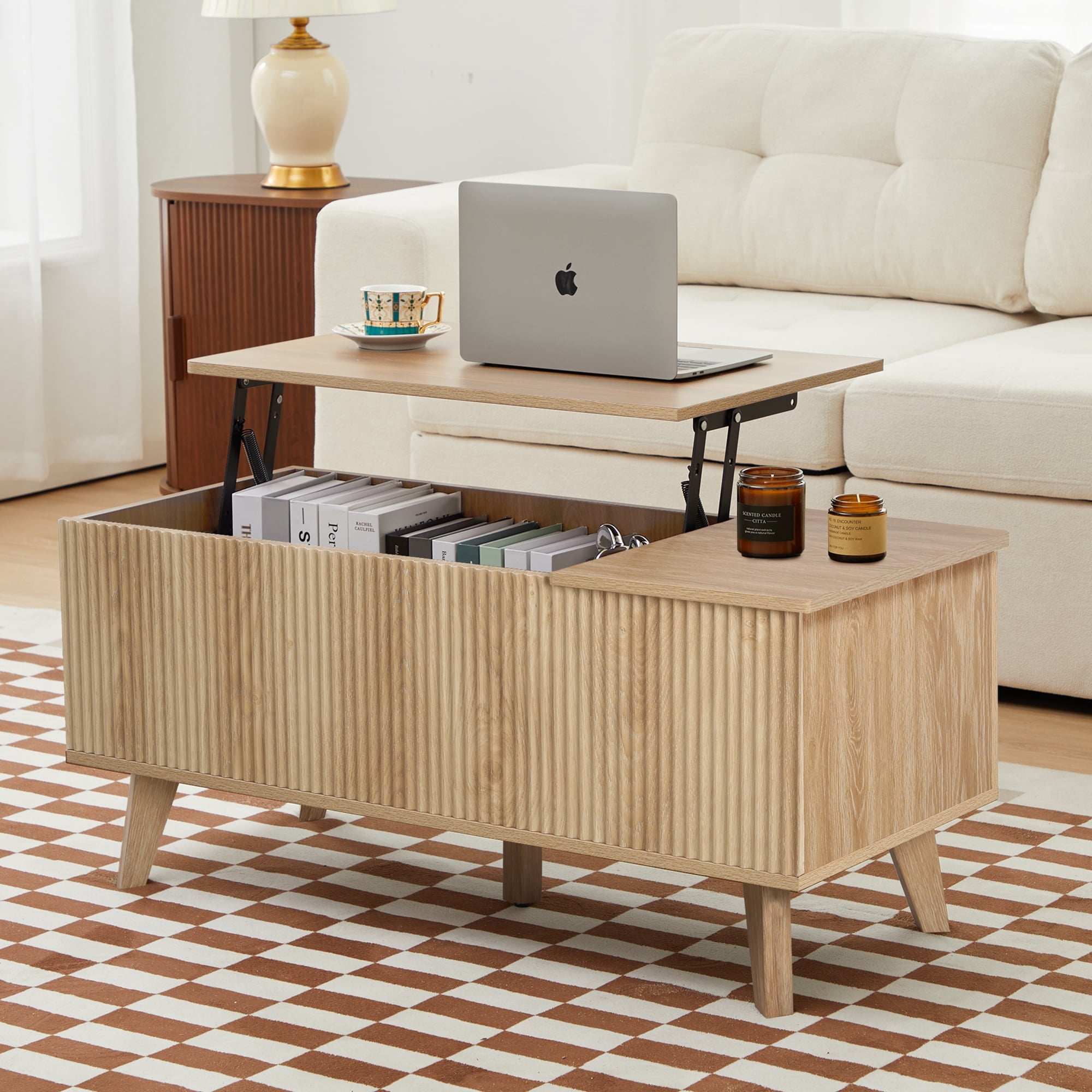Wirrytor Modern Lift Top Coffee Table with Hidden Storage, Square Center Table with Adjustable Shelf for Living Room, Farmhouse Coffee Table with Large Compartment