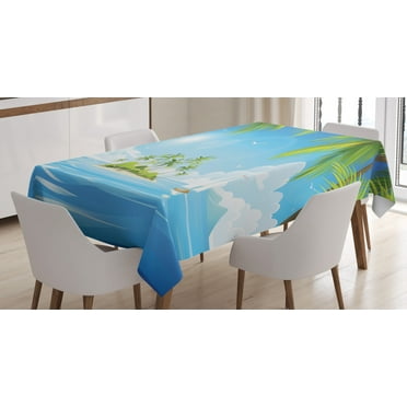 Palm Tablecloth, Cartoon of Tropical Island with Trees Ocean and Sailboat, Rectangular Table Cover for Dining Room Kitchen, 60" X 84",Deep Sky Blue Umber and Olive Green, by Ambesonne