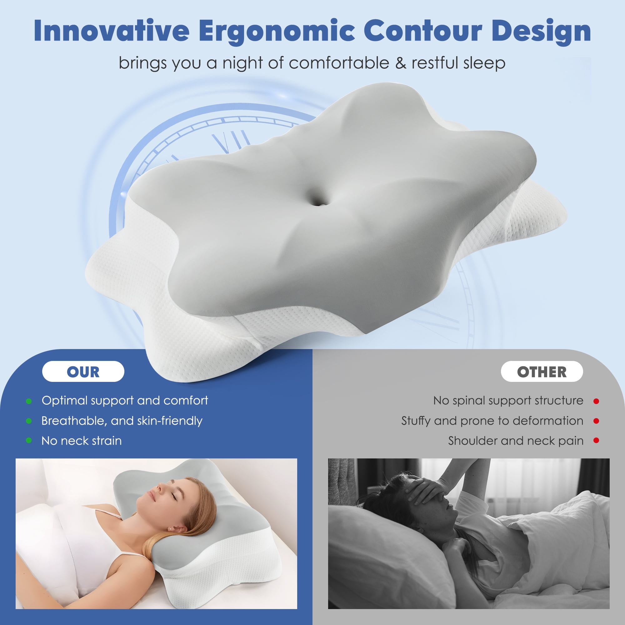 MOONORAH Cervical Neck Pillow, Ergonomic Memory Foam Bed Pillows for Neck Pain Relief with Cooling Pillowcase, Orthopedic Contour Neck Support Pillow for Side Back Stomach Sleepers, Gray