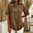 thumbnail image 5 of VBVC Women's Cotton Blend Ruffle Trim Blouse, Ladies' Lightweight Short Sleeve Top, Casual Crew Neck Shirt For Women,Coffee,S-2XL, 5 of 6