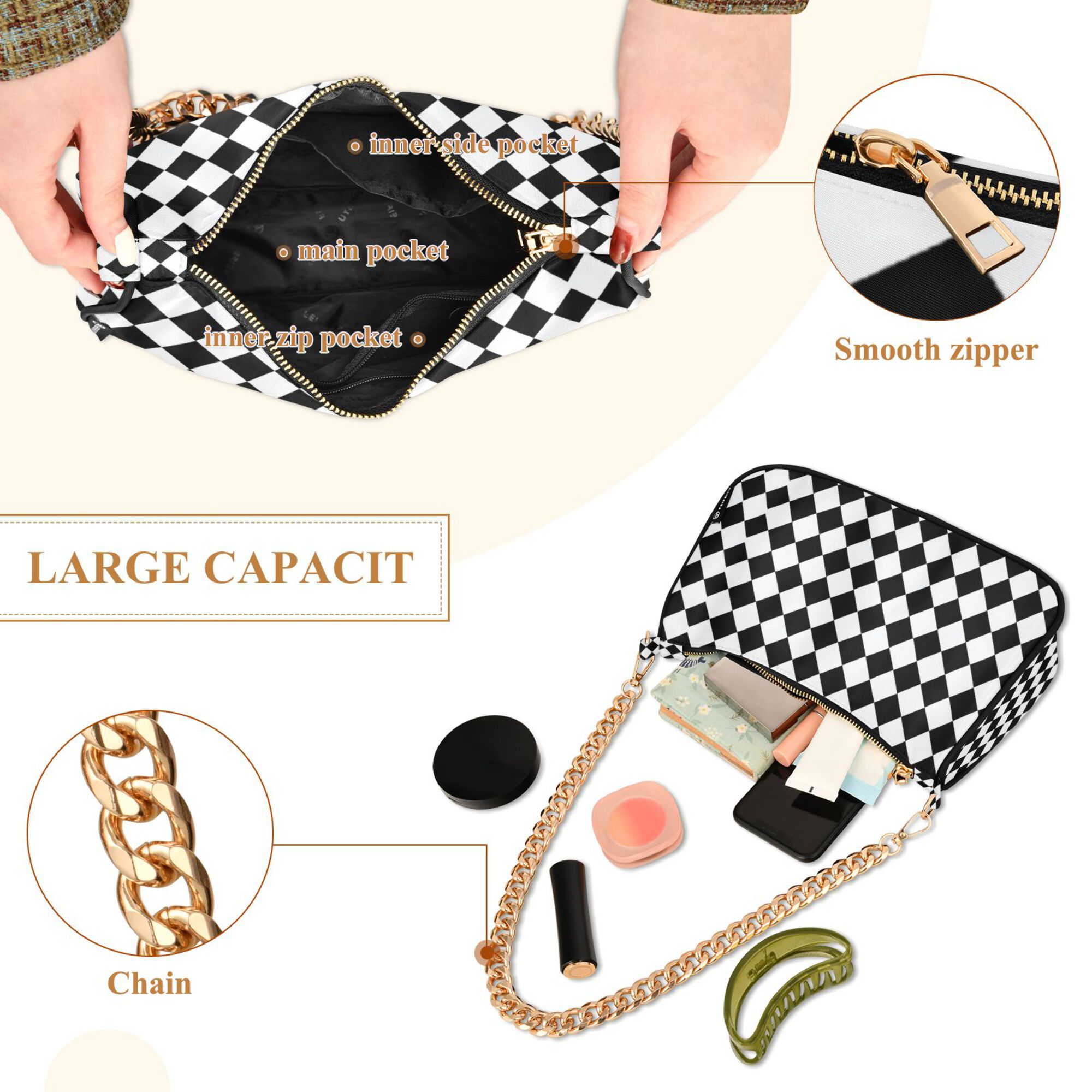 FORMRS Womens Shoulder Bag with Chain Strap Clutch Purse Cute Tote Handbag, Black and White Geometric