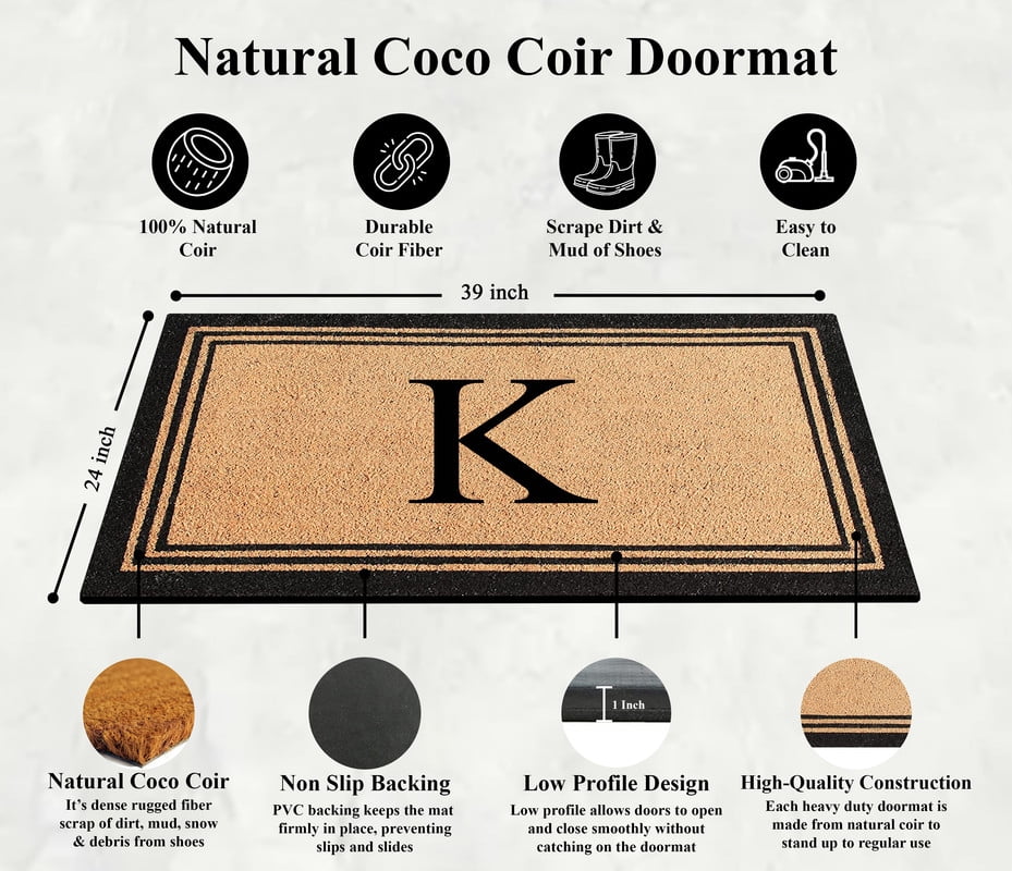 A1HC Black/Beige 24 in x 39 in Front Door Mat Coir PVC Classic Border Entryway Mat Heavy Duty Boot Scrapper Monogrammed Doormat