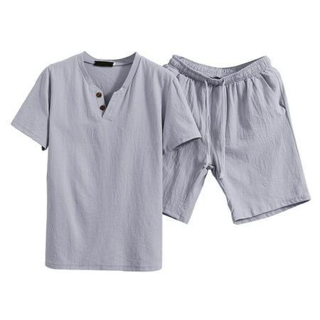 

PMVFHDE Suit Separates Sleeve Shorts Summer Set Men s Color Cotton Two Piece Suit Short Solid Men Suits & Sets Grey S