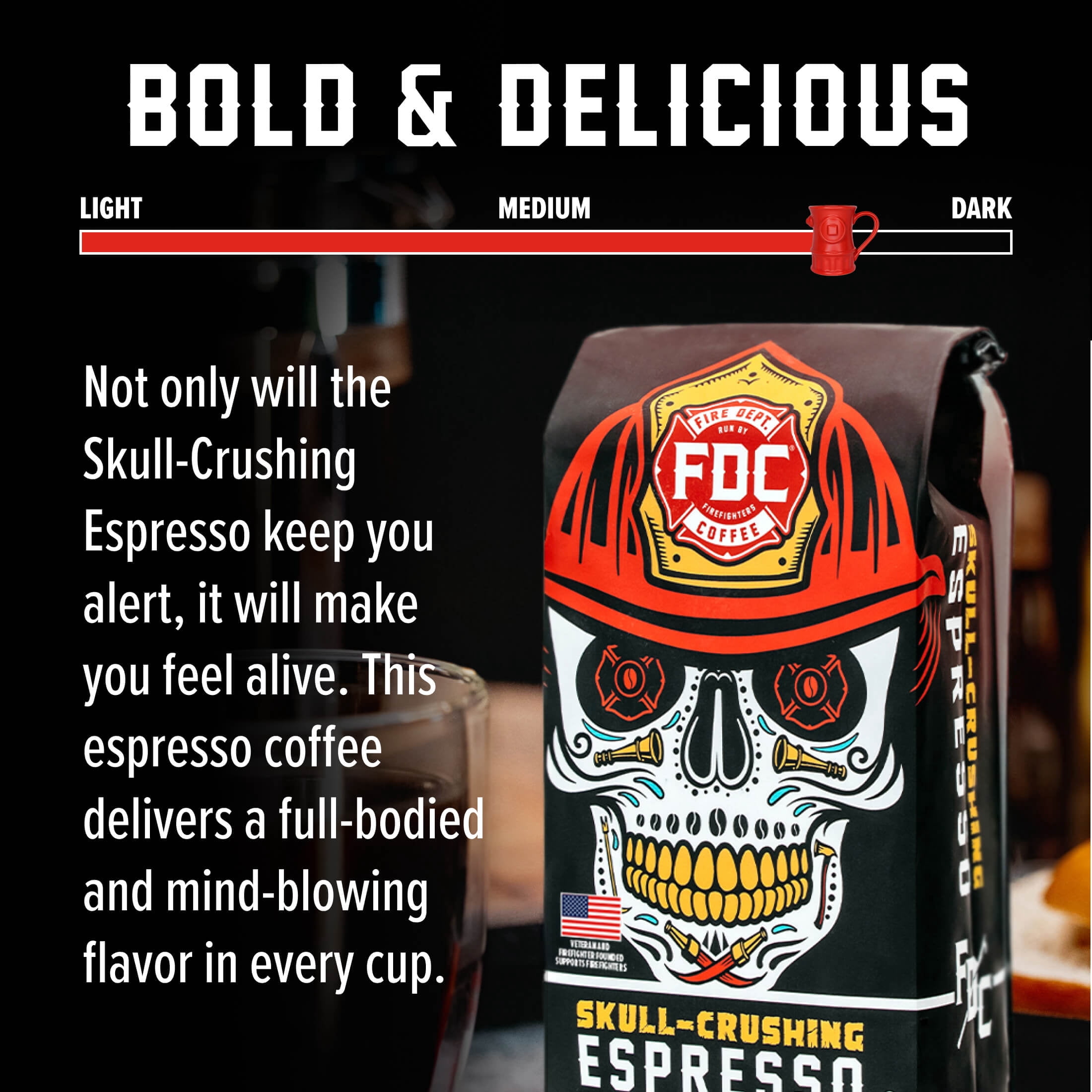 (6 pack) Fire Department Coffee Skull-Crushing Espresso Dark Roast Premium Ground Coffee, 12 oz