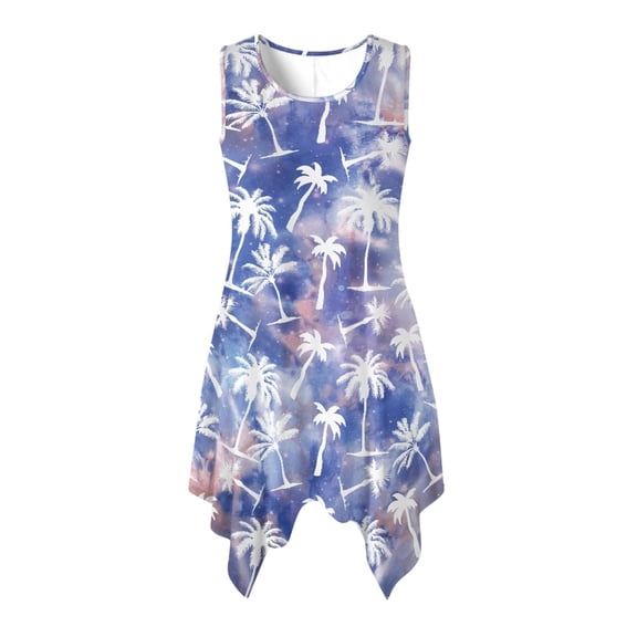 HELLHERO Side Pockets Ladies Irregular Hem Casual Dress, Tie Dye Palm Print Sleeveless Sundress Polyester Non-Fade Summer Sleeveless Dress Round Neck