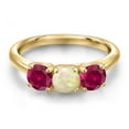 thumbnail image 3 of Gem Stone King 18K Yellow Gold Plated Silver White Ethiopian Opal and Red Created Ruby Engagement Ring for Women | 1.50 Cttw | Round Cabochon 5MM | Gemstone October Birthstone | Size 9, 3 of 6