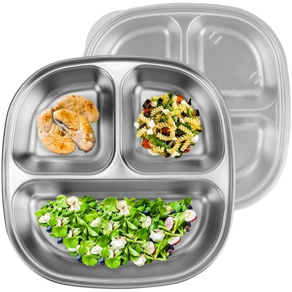 Topboutique Stainless Steel Plate with Lid,2 Pcs Portion Control Plate,Divided Kids Dinnerware,3-Compartment Food Tray,Non-Toxic Toddler Dinnerware Set,Dishwasher-Safe, Spill-Proof Design