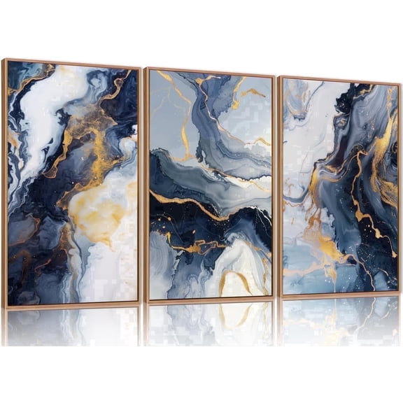 TOARTi Blue Abstract Framed Canvas Wall Art Set, Blue Golden Aesthetic Wall Decor, Navy Blue Gold Wall Painting, Neutral Modern Art Print for Living Room, Bedroom, Dining Room, Office 16"x24"x3