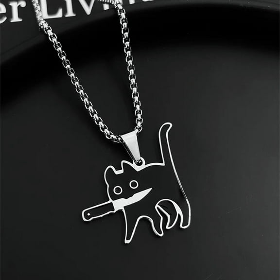 Gothic Enamel Black Killer Cat Pendent Necklace for Women Vintage Cute Cat Chain Necklace With A Small Knife In Its Mouth Party Jewelry