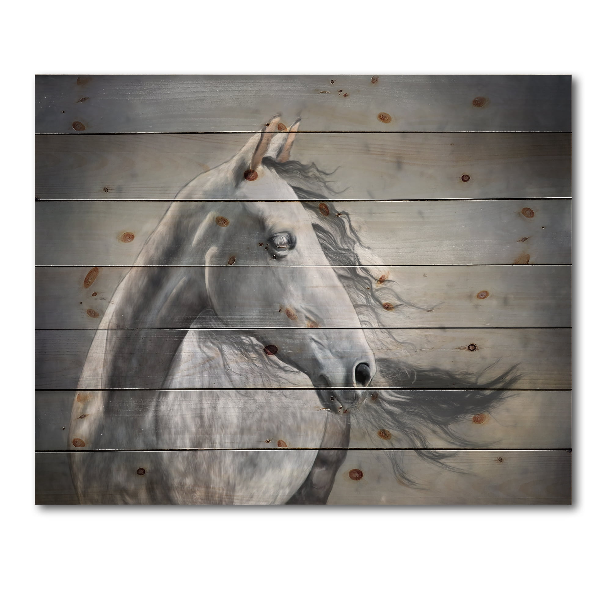 Designart 'Black and White Portrait Of A Wild Horse' Farmhouse Print on Natural Pine Wood