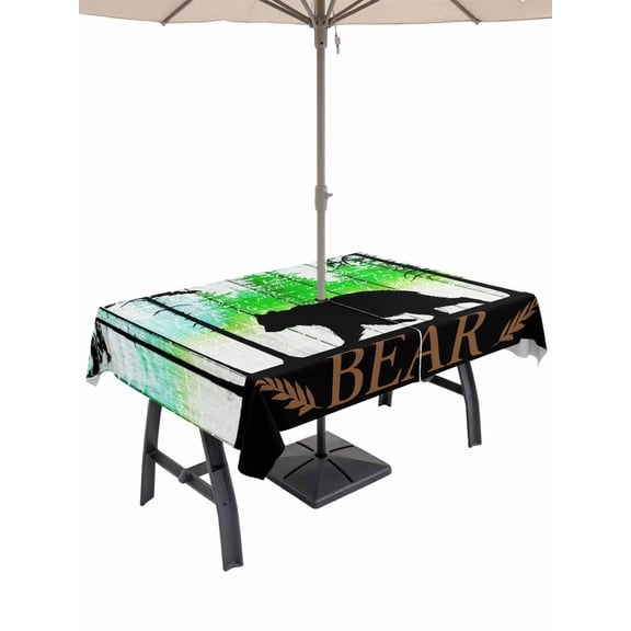 Outdoor Tablecloth with Umbrella Hole for Patio/Picnic/Party/Camping, Silhouettes Animals Waterproof Table Cloth Rectangle Table Cover Washable, Vintage Bear Forest Wooden Retro Art (60"x 84")