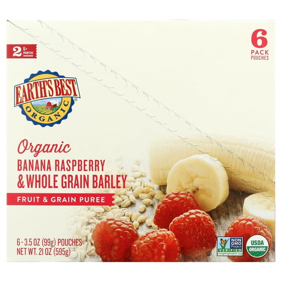 Earth's Best Organic Stage 2 Baby Food, Banana Raspberry & Brown Rice, 4.2 oz Pouch, 6 Pack