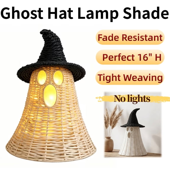 Halloween Decor Indoor, Wicker Ghost Decor with Witch Hat Lamp Shade, 16" Rustic Rattan Style Lantern Centerpiece for Halloween Fall Autumn Thanksgiving Table Mantel Party Home Office Decoration